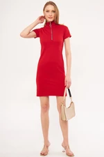 armonika Women's Red Collar Zippered Body-Fitting Above Knee Short Sleeve Dress