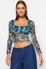 Trendyol Blue Patterned Fitted Crop Tulle Stretch Knitted Blouse