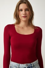 Happiness İstanbul Women's Burgundy Square Neck Viscose Knitted Blouse