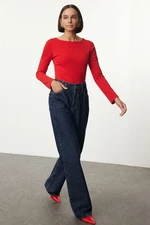 Trendyol Red Cotton Boat Neck Fitted Stretchy Blouse