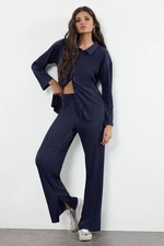 Trendyol Navy Blue Pleated Regular Buttoned Knitted Bottom-Top Set