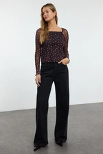 Trendyol Black Cherry Printed and Bow Detailed Square Neck Knitted Blouse