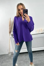 Cotton blouse with rolled up sleeves in dark purple color