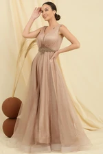 By Saygı V Neck Waist Stoned Lined Top Glitter Inside Satin Long Princess Dress