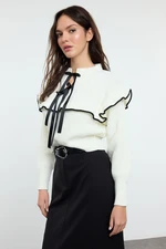 Trendyol Ecru Ribbon/Bow and Ruffle Detailed Knitwear Sweater