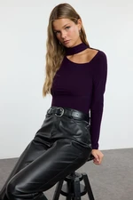 Trendyol Plum Cut Out Detailed Choker Collar Fitted/Fits the Body Snap Knitted Bodysuit