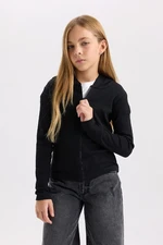 DEFACTO Girl's Hooded Ribbed Zippered Black Camisole Cardigan