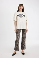 DEFACTO Straight Fit Leopard Patterned High Waist Pocket Long Gabardine Trousers