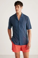 GRIMELANGE Doug Men's Linen Look Regular Fit Tiril Tiril Fabric Summer Navy Blue Shirt