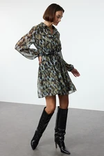 Trendyol Green Abstract Patterned Belted Skirt Opening at Waist Lined Chiffon Woven Dress