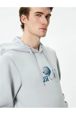 Koton Printed Hoodie with Slogan and Kangaroo Pocket on Back