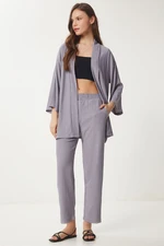 Happiness İstanbul Women's Stone Gray Kimono and Pants, Knitted Set