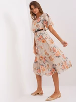 Beige floral midi dress with belt