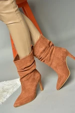 Fox Shoes R404020302 Women's Tan Suede Thin Heeled Pleated Boots