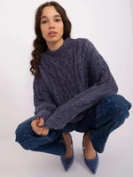 Navy blue knitted sweater with cables