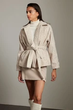 Trendyol Ecru Regular Belted Boucle Short Coat