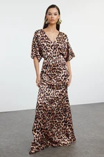 Trendyol Multicolored A-Line Leopard Patterned Satin Long Evening Dress