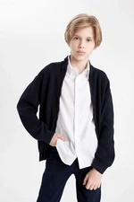 DEFACTO Boy's Stand Collar Ribbed Zippered Navy Blue Knitwear School Cardigan