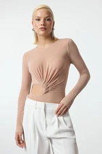 Trendyol Beige Window/Cut Out Detailed Glittery Knitted Bodysuit