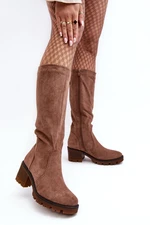 Women's over-the-knee boots with low heels, brown Beveta