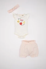 DEFACTO Baby Girl 3-Piece Set Fruit Patterned Combed Cotton Short Sleeve Snap Body Shorts Hair Band