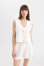 DEFACTO V-Neck Linen Blend White Blazer Vest