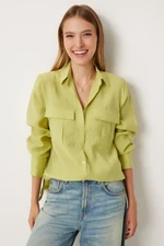 Happiness İstanbul Women's Oil Green Wide Pocket Tencel Shirt