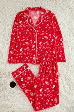 Trendyol Red Soft Feeling Christmas Themed Shirt-Pants Knitted Pajama Set