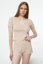 Trendyol Beige Button Detailed Ribbed Knitted Pajama Set