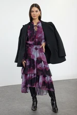 Trendyol Limited Edition Plum Shawl Pattern Skater Ruffle Midi Woven Winter Dress