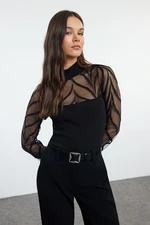 Trendyol Black Tulle Garni Detailed Fitted/Full Neck Ribbed Flexible Knitted Blouse