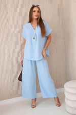 Women's Summer Set with Necklace Blouse + Trousers - Light Blue