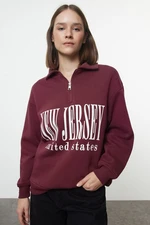 Trendyol Claret Red Oversize Thick Fleece Slogan Printed Zippered Knitted Sweatshirt