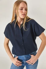 Olalook Women's Navy Blue Bat Oversize Linen Shirt