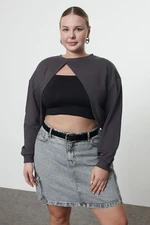 Trendyol Curve Anthracite Asymmetrical Super Crop Crew Neck Thin Knitted Sweatshirt