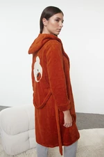 Trendyol Cinnamon Belted Wellsoft Back Knitted Dressing Gown with Teddy Bear Embroidery Detail