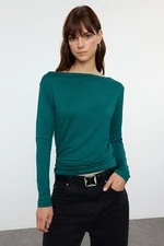 Trendyol Dark Green Fitted Long Sleeve Bateau Neck Viscose Stretch Knitted Blouse