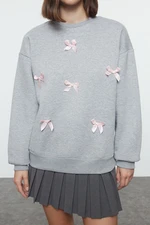 Trendyol Gray Melange Ribbon Detailed Oversize/Wide Fit Thick Knitted Sweatshirt