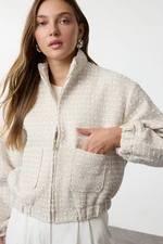 Trendyol Ecru Oversize Pattern Tweed Bomber Thin Jacket Coat