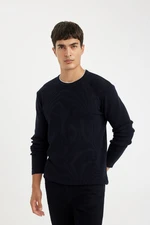 DEFACTO Navy Blue Relax Fit Comfortable Cut Crew Neck T-Shirt Detailed Cotton Knitwear Sweater