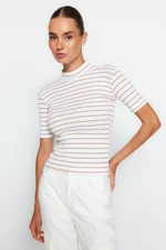 Trendyol Camel Striped High Neck Fitted/Situated Short Sleeve Elastic Ribbed Knitted Blouse