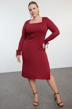 Trendyol Curve Claret Red Premium Square Neck Slit Knitted Plus Size Dress