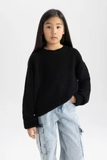 DEFACTO Girl Black Standard Fit Crew Neck Basic Plain Knitwear Sweater