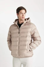 DEFACTO Men's Beige Water Repellent Slim Fit Slim Cut Hooded Zippered Pocket Puffer Jacket