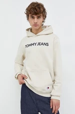 Bavlnená mikina Tommy Jeans pánska,béžová farba,s kapucňou,s potlačou,DM0DM18413