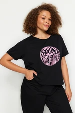 Trendyol Curve Black Regular Slogan Printed Crop Length 100% Cotton Knitted Plus Size T-shirt