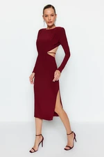 Trendyol Burgundy Knitted Lined Window/Cut Out Detail Elegant Evening Dress