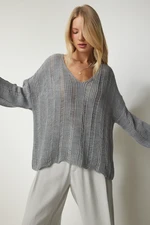 Happiness İstanbul Women's Gray Torn Detailed Oversized Knitwear Sweater