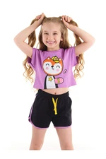 Denokids Squirrel Girl Child Crop Top Lilac T-shirt Black Shorts Set