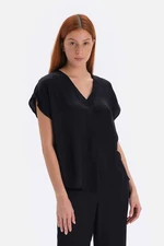 Dagi Black Satin Surface Pleated Blouse